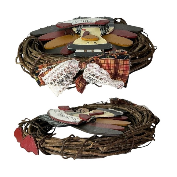Hand Crafted Thanksgiving Turkey Wreath BeThankful Rustic Red Brown Accent 14 In - Picture 4 of 16